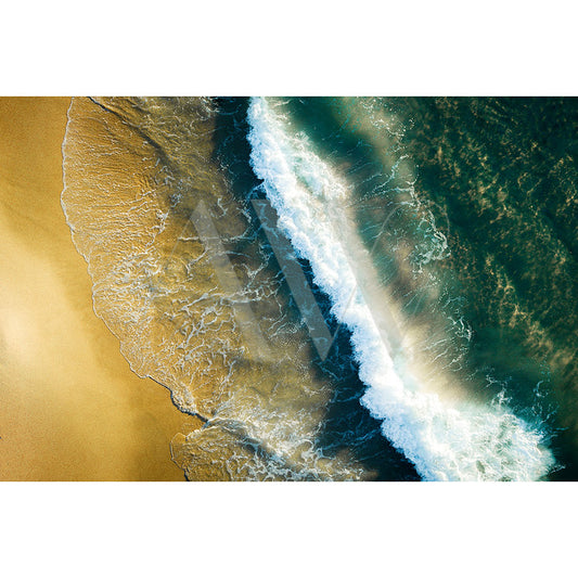 Coolum Beach Drone Image 0992 by AWP Image Library captures waves crashing on golden sand, dark blue and turquoise ocean creating striking contrast, with white foam adding dynamic movement.