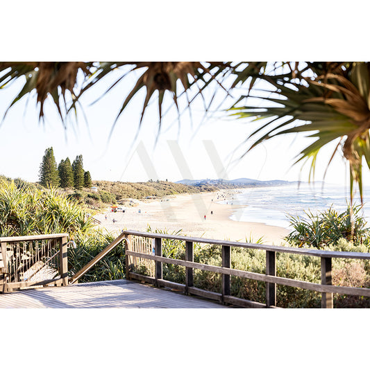 A scenic Coolum Beach, framed by palm leaves, features a wooden boardwalk leading to its sandy shore dotted with people along the coastline. Distant green hills under a clear blue sky enhance the tranquil scene. Product: Coolum Beach Image 9544 by AWP Image Library.