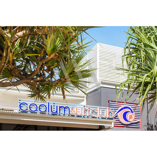 A sunny Coolum Beach Surf Club scene from the AWP Image Library, featuring vibrant palm leaves. The clubs name in blue and orange neon is accompanied by a colorful logo on a striped backdrop.