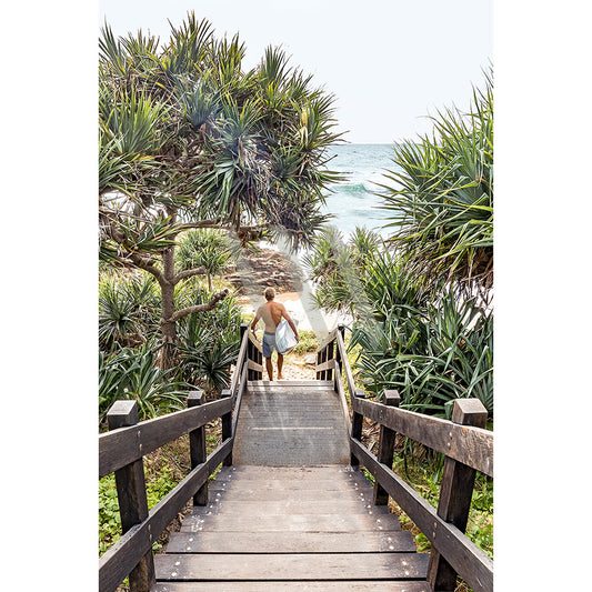 A person carrying a surfboard descends a wooden staircase at Coolum Beach, eager for an epic surf session. Surrounded by lush tropical greenery and with the ocean in the background, this scene is beautifully captured in Coolum Beach Surfer Image 6473 from AWP Image Library.