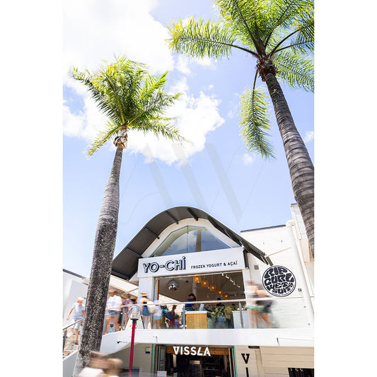 Hastings Street Image 5493 by AWP Image Library captures a modern two-story glass facade with Yo-Chi and Vissla signs. Tall palm trees stand in the foreground, with people visible under a bright blue sky.