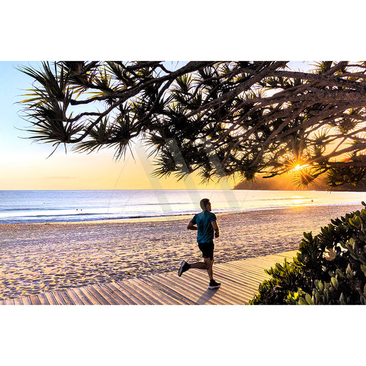 A jogger runs along the boardwalk as the sun sets over a calm ocean in AWP Image Librarys Main Beach Runner Image 7767, framed by trees that enhance its serene, picturesque atmosphere.