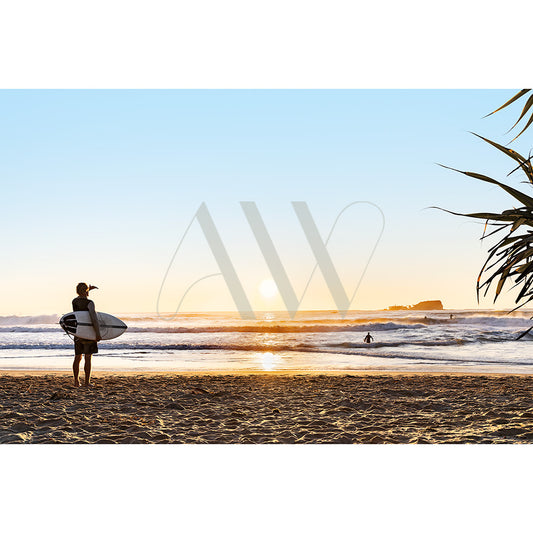 The Mudjimba Surfer Image 5429 by AWP Image Library captures a surfer with a surfboard on a sandy beach at sunrise, gazing at the ocean. Another surfer enjoys the waves under a clear sky, framed by palm leaves on one side.