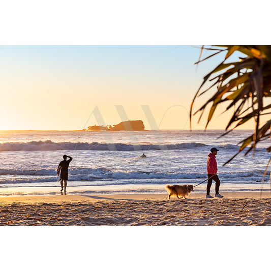 The Mudjimba Beach Surfers Image 5403 from AWP Image Library features a sunset beach scene with a person walking a fluffy dog, another watching the ocean by the shore, under clear skies, with distant rocky formations and rolling waves.