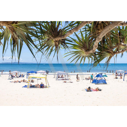 This vibrant scene features people enjoying the sunshine under umbrellas and tents on the white sand. In the background, a turquoise ocean hosts several swimmers, while a  pandanus trees frames the upper part of this picturesque image.