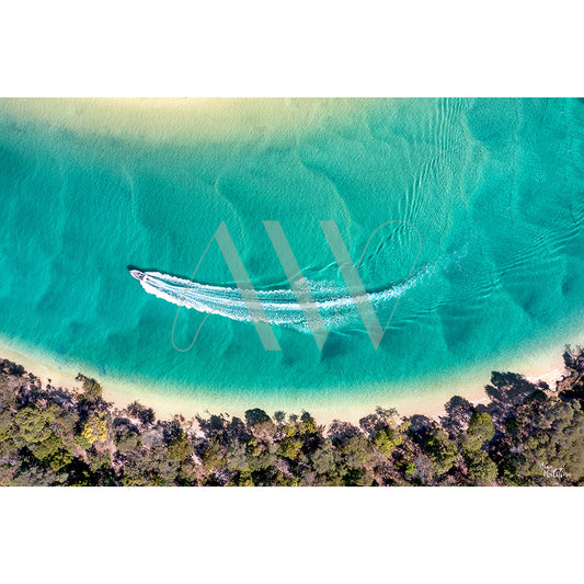 Noosa River Drone Image 234 by AWP Image Library captures a speedboat creating a white wake on clear turquoise water near a sandy beach with lush green trees.